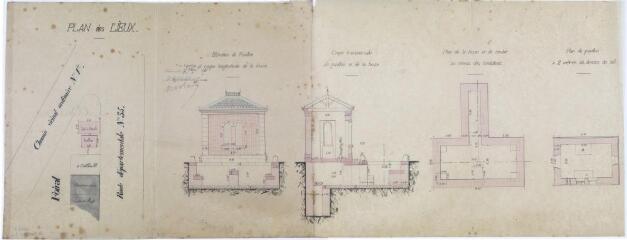 4 vues Commune du Fousseret, projet de construction d'un pont à bascule, plan des lieux, élévation du pavillon et coupe longitudinale de la fosse, coupe transversale du pavillon et de la fosse, plan de la fosse et du couloir au niveau des fondations, plan du pavillon à 2 mètres au-dessus du sol. Dario, architecte. 6 février 1883. Ech. 0,005 et 0,02 p.m.
