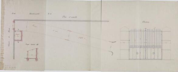 4 vues Commune du Fousseret, cimetière, projet de construction d'un hangar pour le remisage du corbillard et l'établissement d'une rampe d'accès, plan d'ensemble, coupe et détails du portail. Bilhard. 31 janvier 1899. Ech. 0,01 et 0,05 p.m.
