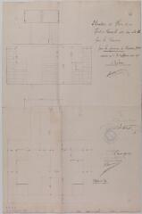 1 vue Élévation et plan d'un pont-bascule avec son abri en tôle pour la romaine pour la commune de Fronsac. Mayssonnié, constructeur. 1902. Ech. 1/20.