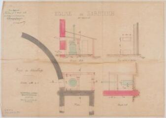1 vue Église de Gardouch, projet de chauffage, plan, coupes. Davène, constructeur, calorifère Gurney. 12 août 1882. Ech. 0,02 p.m.