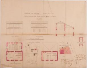 1 vue Commune de Grenade, section de Larra, projet de construction d'une maison d'école et logement de l?instituteur, façades principale et postérieure, plans du rez-de-chaussée et du 1er étage, coupe, détail des lieux d'aisance, plan d'ensemble de l'emplacement, plan du sol et de la construction projetée. Joseph Raynaud, architecte. 5 janvier 1875. Ech. 0,01 p.m. et 0,025 mm pour 10 m.