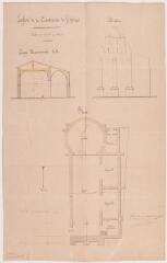 1 vue Eglise de la commune de Grépiac, coupe, élévation, plan. Joseph Marty. 1er juin 1871. Ech. 1/100.
