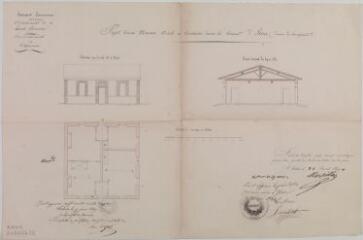 1 vue Projet d'une maison d'école à construire dans la commune d'Issus, élévation sur les cotés est et ouest, coupe, plan. Marseillan. 21 avril 1849. Ech. 0,01 p.m.
