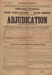 1 vue République française, préfecture de la Haute-Garonne, service vicinal, chemins vicinaux ordinaires, travaux communaux, adjudication : commune de Vacquiers, projet de construction de chemins vicinaux ; commune de Balma, construction d'un mur de clôture au cimetière. 4 septembre 1908. Toulouse : Imp. Douladoure-Privat.