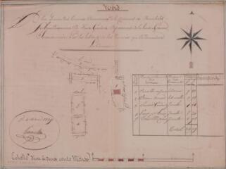1 vue Plan linéaire des terrains communaux de la commune de Beauchalot soumissionnés par les habitants ci-bas nommés qui en demandent la concession. Roch Favarel. 4 mars 1835. Ech. 1/200.