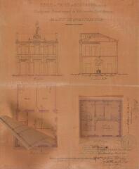 1 vue École et mairie de Belberaud, projet de construction, élévation, coupe, plans du rez-de-chaussée et du 1er étage. Auguste Delort, architecte en chef du département et de Saint-Aubin. 14 avril 1875. Ech. 0,01 p.m.