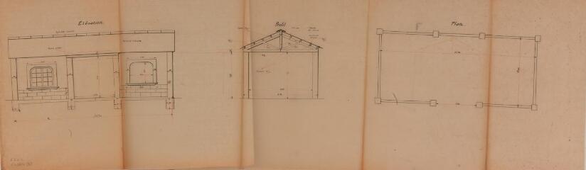 1 vue Commune de Belbèze, projet d'établissement d'une halle publique, élévation, profil, plan. Boutêtes, ingénieur adjoint du service vicinal. 10 juin 1929. Ech. n.d.