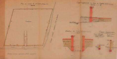 1 vue Commune de Belbèze, construction du mur de clôture du cimetière, plan au niveau du sol, coupe longitudinale sur l'axe de l'entrée, élévation de l'entrée, coupes transversale. Rey, architecte. 5 septembre 1894. Ech. 0,0065 et 0,02 p.m.