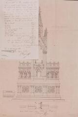 1 vue Maître-autel proposé pour l'église de Benque, maître-autel style XIV siècle, plans du retable au-dessus du tabernacle, à la hauteur des colonnettes. Novembre 1858. Ech. 10 cm pour 1 m.