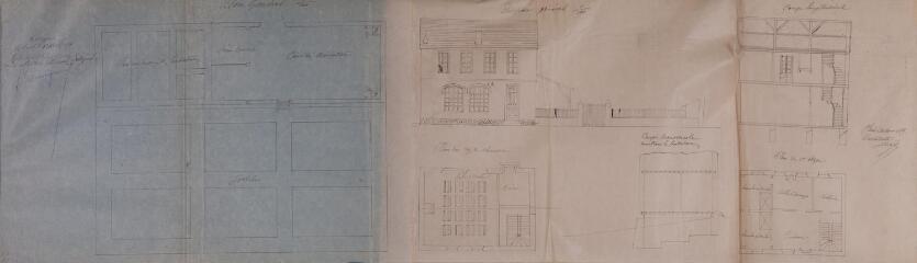 1 vue Commune de Bezins-Garraux, construction d'une maison d'école, plan général, élévation générale, plans du rez-de-chaussée et du 1er étage, coupes transversale et longitudinale. Dop, architecte. 31 août 1889. Ech. 1/100.