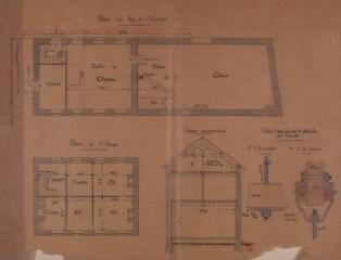 1 vue Commune de Bezins-Garraux, restauration de la maison d'école, plans du rez-de-chaussée et de l'étage, coupe transversale, détail des points d'attache des tirants. Lasserre, architecte. 30 août 1913. Ech. 0,01 p.m.