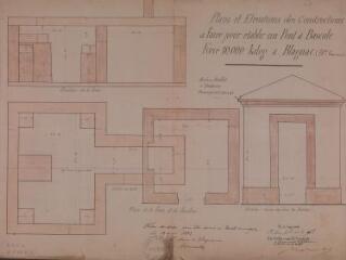 1 vue Plans et élévations des constructions à faire pour établir un pont bascule force 10000kg à Blagnac, élévation de la fosse, plan de la fosse et du pavillon, élévation d'une des faces du pavillon. Ateliers Ruffat à Toulouse. 19 mai 1883. Ech. 1/20.