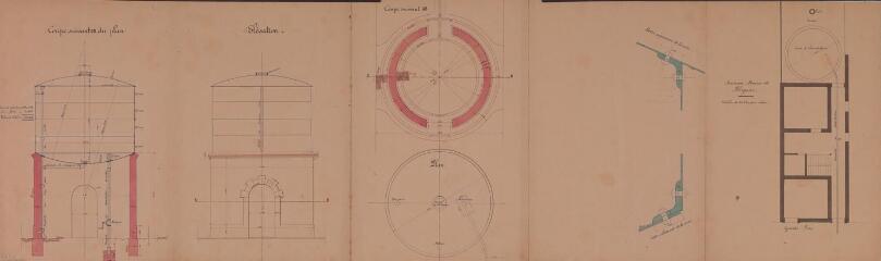 1 vue Ville de Blagnac, projet d'établissement des fontaines publiques, cuve d'alimentation, élévation, plan, coupes, ancienne mairie de Blagnac. Victor Galinier, ingénieur civil. 29 janvier 1886. Ech. 0,02 et 0,01 p.m.