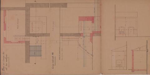 1 vue Ville de Blagnac, projet d'établissement des fontaines publiques, bâtiment des pompes et chambre de la turbine, plan au niveau du sol des machines, coupe. Victor Galinier, ingénieur civil. 29 janvier 1886. Ech. n.d.