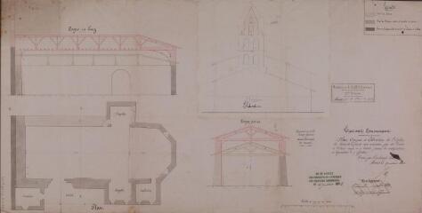 1 vue Plan, coupes et élévation de l'église de Bois-de-la-Pierre. Barus, architecte. 17 mars 1855. Ech. 0,01 p.m.