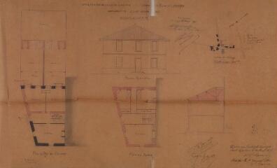 1 vue Commune de Bois-de-la-Pierre, appropriation d'une maison d'école, plans du rez-de-chaussée et du 1er étage, façade principale, coupe, plan du centre du village. Fauré, architecte. 30 août 1876. Ech. 0,01 p.m. et 1/2500.
