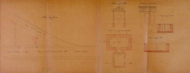 1 vue Commune de Capens, bascule publique, construction, plan des lieux, plan au niveau des fondations, coupes, élévation du pavillon. Serranie, architecte. 15 septembre 1924. Ech. 0,005 et 0,02 p.m.