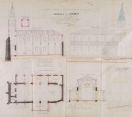 1 vue Commune de Boussan, projet de réparations urgentes à l'église, plan, coupes, façade latérale sur le nord, façade du clocher actuel indiquant en jaune la partie qui menace ruine, section du clocher à l'étage du beffroi. J.-A. Castex, architecte. 12 avril 1887. Ech. 0,01 p.m.