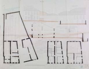 1 vue Commune de Boussan, plans, coupes et élévation de la maison Barousse telle qu'elle se trouve aujourd'hui, dont la commune a le projet d'acquérir une portion pour l'approprier à une maison d'école et salle de mairie, plan d'ensemble, façades orientale et occidentale, plans du rez-de-chaussée et du 1er étage, coupe. Castex, architecte. 11 novembre 1869. Ech. 0,01 p.m.