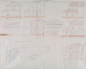 1 vue Commune de Boussan, projet de construction d'une maison d'école, plan général de l'emplacement, coupes, façades principale et latérale, plans du rez-de-chaussée et du 1er étage. J.-A. Castex, architecte. 3 février 1879. Ech. 0,005 et 0,01 p.m.
