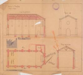 1 vue Commune de Burgalays, projet d'église, coupes longitudinale et transversale, plan, façade. Esparbès, architecte. 1er septembre 1899. Ech. n.d.