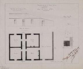 1 vue Cabanac, vente de l'ancien presbytère, élévation sur la route coté nord, plan du rez-de-chaussée, plan d'ensemble. Dutour, architecte. 20 janvier 1868. Ech. 0,01 et 0,002 p.m.