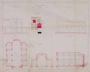 1 vue Cabanac, construction d'une église, élévations principale et latérale, plan d'ensemble, plan, coupes transversale et longitudinale. Dutour, architecte. 20 janvier 1868. Ech. 0,01 et 0,002 p.m.