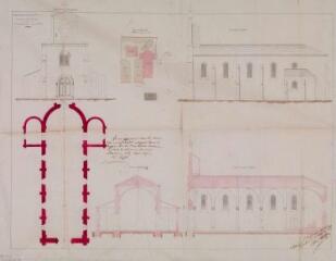 1 vue Commune de Cabanac, construction d'une église, élévations principale et latérale, plan d'ensemble, plan, coupes transversale et longitudinale. Dutour, architecte. 5 novembre 1869. Ech. 0,01 et 0,002 p.m.