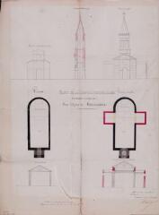 1 vue Projet de la construction d'un clocher et de deux chapelles pour l'église de Séguenville, plan, coupe en travers et élévation de la façade existante, coupe du clocher projeté, plan et élévation projetés, coupe suivant l'axe des chapelles. Couzy, architecte. 30 juillet 1851. Ech. 1 cm pour 1 m.