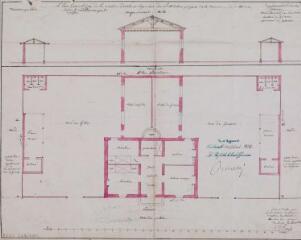 1 vue Plan géométrique de la maison d'école et logement de l'instituteur projetés de la commune de Cabanac, coupe, plan. Rivet, architecte. 26 avril 1862. Ech. 0,01 p.m.