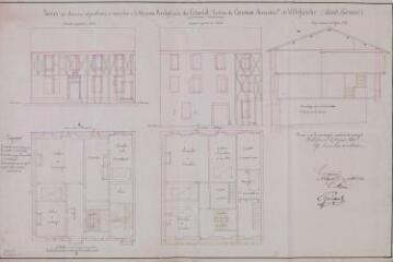 1 vue Projet de diverses réparations à exécuter à la maison presbytérale du Cabanial, façades exposées au nord et au midi, coupes, plans du rez-de-chaussée et du 1er étage. Diomard. 22 juin 1863. Ech. 0,01 p.m.