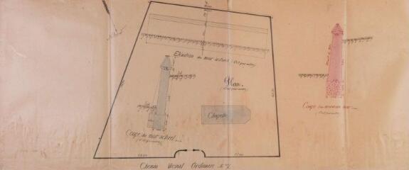 1 vue Commune de Cadours, projet de reconstruction d'une partie du mur de clôture du cimetière, plan, élévation et coupe du mur actuel, coupe du nouveau mur. Tropis, architecte. 30 juin 1920. Ech. 0,05 et 0,005 et 0,02 p.m.