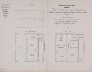 1 vue Travaux communaux, projet de modification d'une maison d'école, mairie et halle en cours de construction à Caignac, élévation, plans du rez-de-chaussée et du 1er étage. Raous, architecte. 1er septembre 1850. Ech. 0,01 p.m.