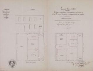 1 vue Travaux communaux, projet de modification d'une maison d'école, mairie et halle en cours de construction à Caignac, élévation, plans du rez-de-chaussée et du 1er étage. Raous, architecte. 1er février 1851. Ech. 0,01 p.m.