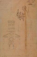 1 vue Commune de Caraman, construction du clocher, élévation principale, coupe longitudinale. J. Fitte, architecte. 5 décembre 1858. Ech. 0,01 p.m.