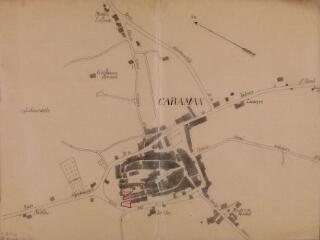 1 vue Commune de Caraman, projet d'appropriation d'un immeuble pour l'établissement d'un groupe scolaire, plan général. Bélaval, architecte. 4 mars 1894. Ech. 1/2500.