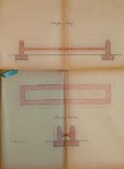 1 vue Ville de Carbonne, projet d'adduction d'eau potable, abreuvoir, coupe en long, plan, coupe en travers. A. Soucaret, ingénieur civil. 12 avril 1906. Ech. 0,05 p.m.