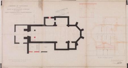 1 vue Commune de Castagnac, projet de réparation à l'église (et à la mairie), plan et élévation de la façade principale de l'église, partie de la façade de la mairie à reconstruire. Grenié, architecte. 2 décembre 1862. Ech. 1 cm pour 1 m.