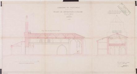 1 vue Commune de Castagnac, projet de réparation à l'église (et à la mairie), coupe dans l'axe longitudinal de l'église, coupe dans l'axe d'une travée de la voûte. Grenié, architecte. 2 décembre 1862. Ech. 1 cm pour 1 m.