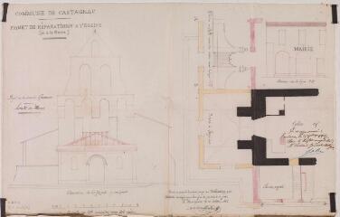 1 vue Commune de Castagnac, projet de réparation à l'église (et à la mairie), élévations principale de l'église et de la mairie, plan. Pradel, architecte. 10 octobre 1866. Ech. 1 cm pour 1 m.