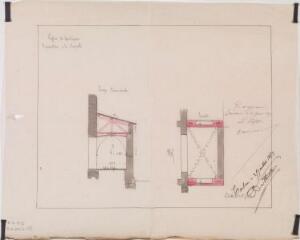 1 vue Église de Castagnac, réparation à la chapelle, coupe transversale, plan. Dutour, architecte. 25 juillet 1873. Ech. 0,01 p.m.