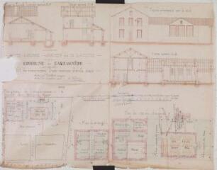 1 vue Commune de Castagnède, projet de construction d'une maison d'école mixte, plan général de l'emplacement, coupes, façade principale sur le midi, plans du rez-de-chaussée et du 1er étage. J.-A. Castex, architecte. 18 octobre 1881. Ech. 0,005 et 0,01 p.m.