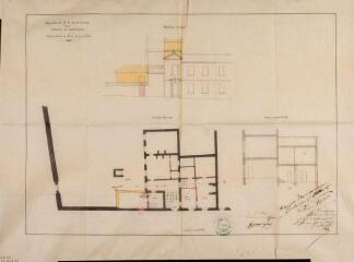1 vue Commune de Castelmaurou, réparations à faire au presbytère, élévation principale, plan du rez-de-chaussée, coupe. Dutour, architecte. 17 mai 1875. Ech. 0,01 p.m.