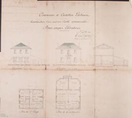1 vue Commune de Castillon-de-Larboust, construction d'une école communale, élévation vue de coté, élévation vue de face, coupe en travers, plans du rez-de-chaussée et du 1er étage. Bauzil. 15 mai 1879. Ech. 1/100.