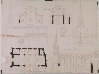 1 vue Projet pour l'agrandissement et pour l'exhaussement de l'église de la commune de Castillon, canton de Saint-Martory, arrondissement de Saint-Gaudens, coupes longitudinale et transversale, façades latérale et principale, plan, vue de la tribune, plan du clocher à l'étage du beffroi. A. Castex, neveu, architecte. 15 avril 1865. Ech. 0,01 p.m.