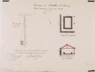 1 vue Commune de Castillon-de-Saint-Martory, projet de construction d'un lavoir aux Assivets, plan d'ensemble, plan, coupe. Laurent Durran. 12 mai 1902. Ech. 1/500 et 1/100.