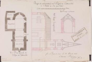 1 vue Projet de restauration de l'église de Cathervielle, plan, coupes longitudinale et transversale. Loupot, architecte. 22 décembre 1853. Ech. 0,01 p.m.