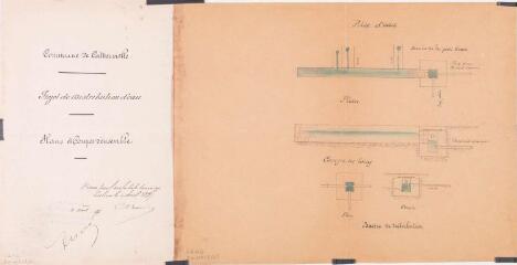 1 vue Commune de Cathervielle, projet de distribution d'eau, prise d'eau, plan, coupe en long. Bauzil, architecte. 4 avril 1895. Ech. n.d.