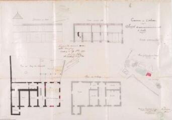 1 vue Commune de Caubiac, projet d'appropriation d'une salle d'école, plan d'ensemble du village de Caubiac, élévation au midi, coupe, plans du rez-de-chaussée et du 1er étage. Fitte, architecte. 19 avril 1880. Ech. 1/1000 et 0,01 p.m.