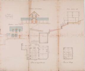 1 vue Commune de Cazarilh-Laspènes, construction d'une maison d'école, élévations coté du levant et coté du chemin, coupe, plans du rez-de-chaussée et du 1er étage. Bauzil, architecte.31 août 1881. Ech. 1/100.